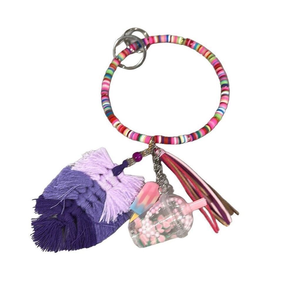 Handmade Rainbow Heishi Beaded Keychain Boho Leaf Tassel Drink Charm